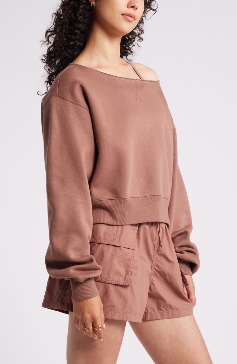 BP. Fleece Detail Off the Shoulder Sweatshirt, Alternate, color, Brown Topaz