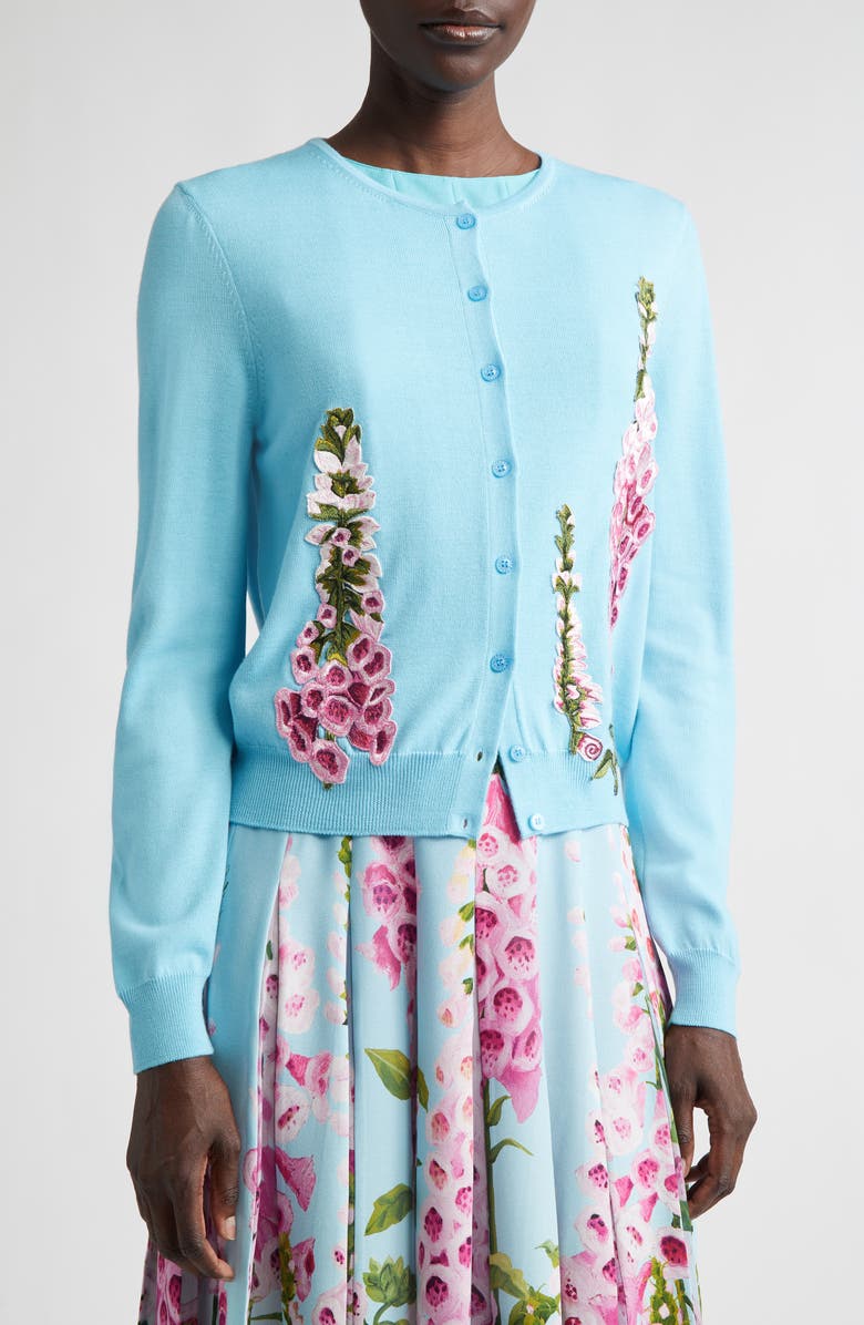 Oscar de la Renta Foxglove Embroidered Virgin Wool Cardigan, Alternate, color, Lilac/ Sky