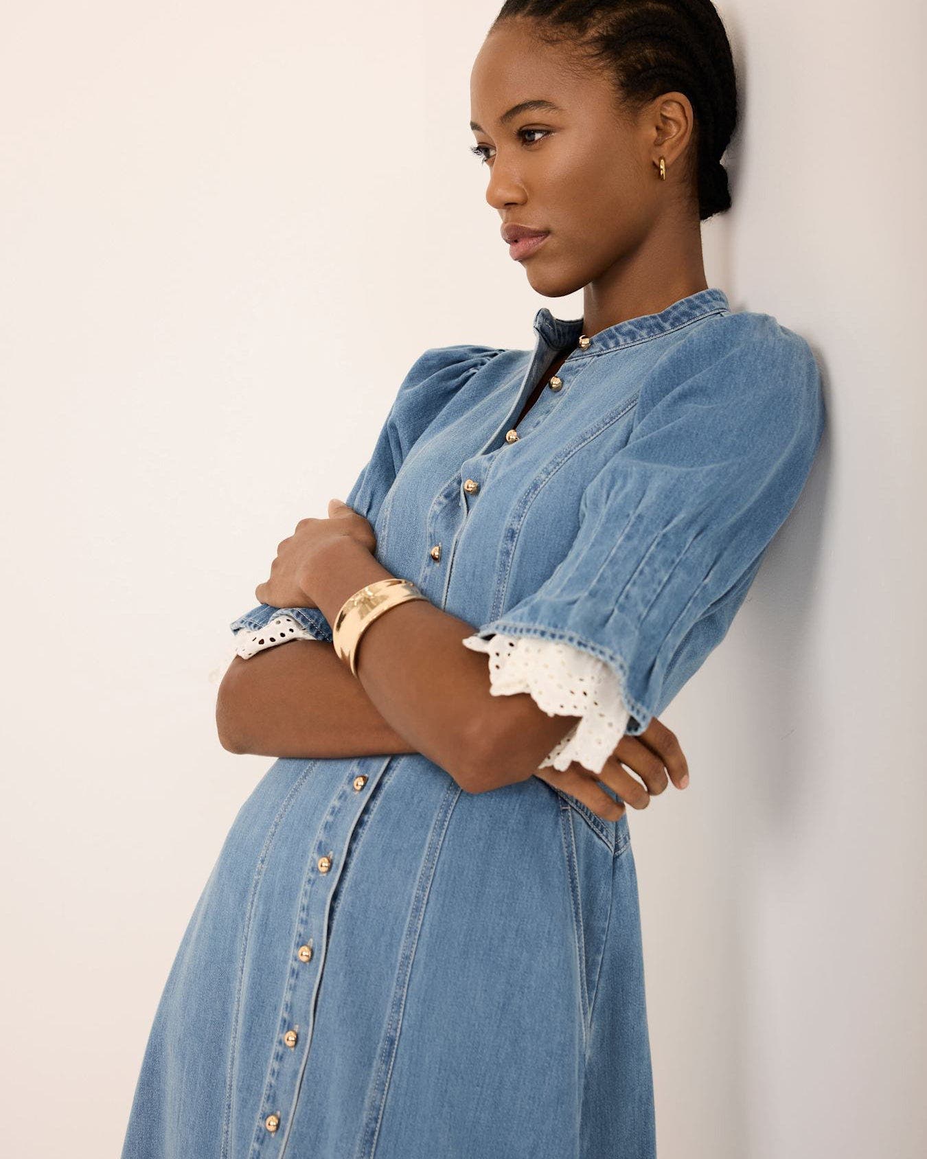 Denim Crochet Trim Midi Dress (Women) | Nordstrom