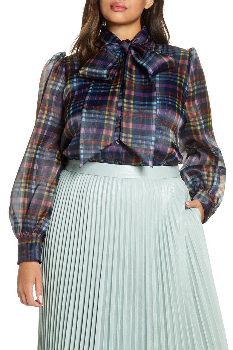 x Atlantic-Pacific Bow Collar Blouse (Nordstrom Exclusive), Main, color, NAVY PLAID