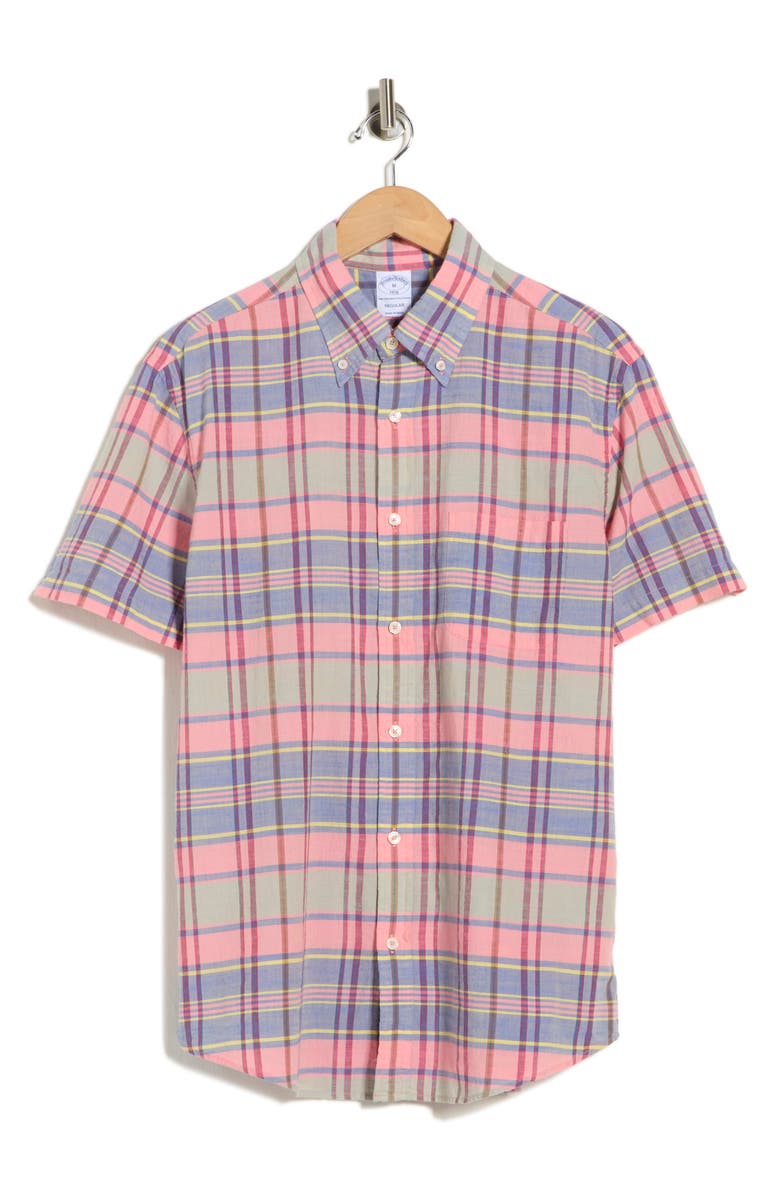 Brooks Brothers Sport Fit Short Sleeve Cotton Button-Up Shirt, Main, color, Baroque Rose Plaid