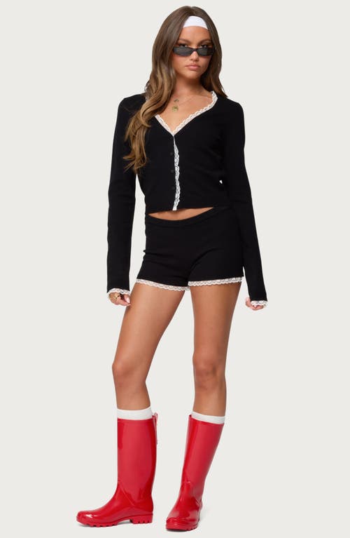 Edikted Sansa Lace Trim Knit Micro Shorts In Black