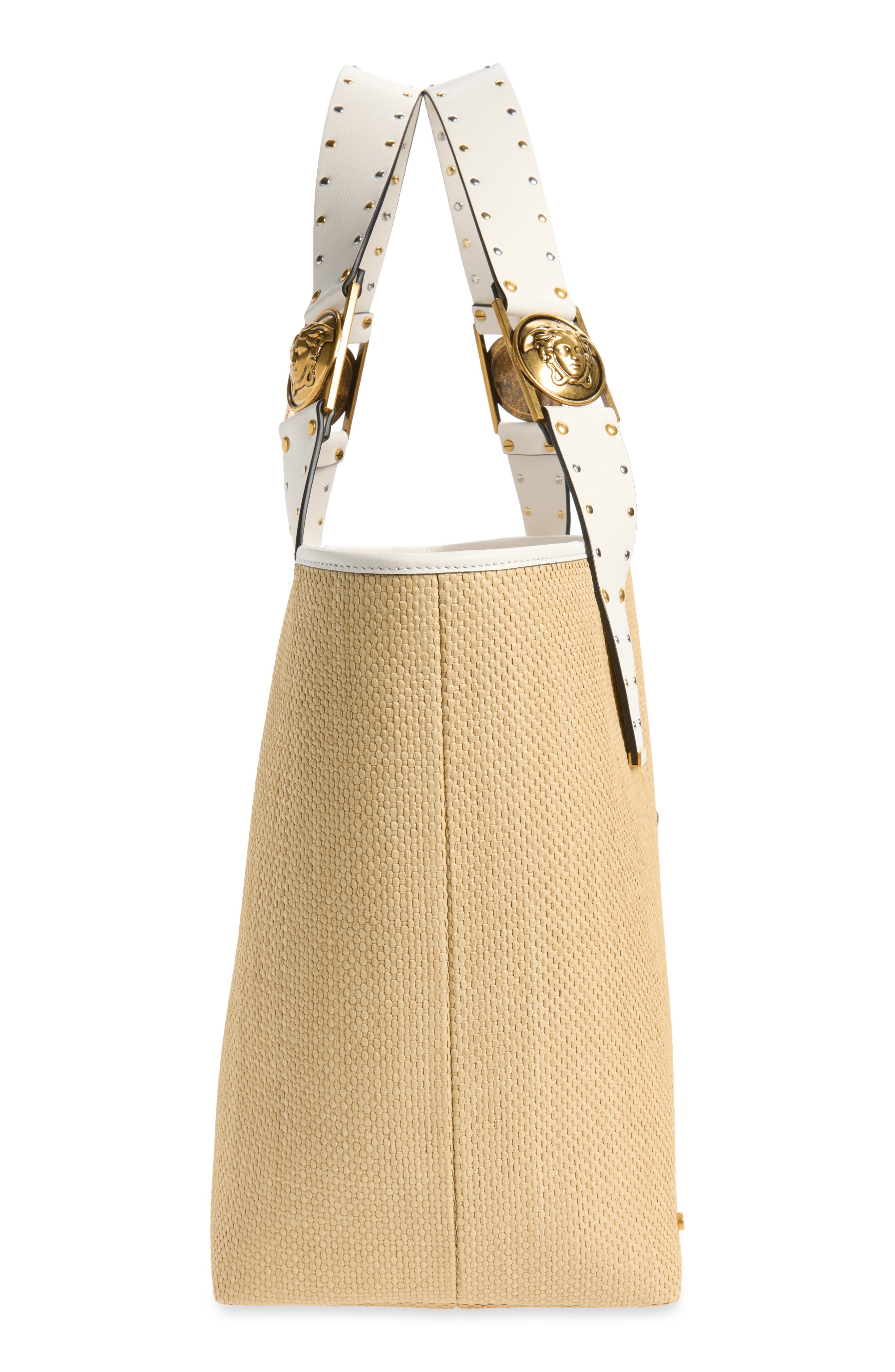 Versace Large Rivière Woven Raffia Tote, Alternate, color, Natural White Rosewood Gold