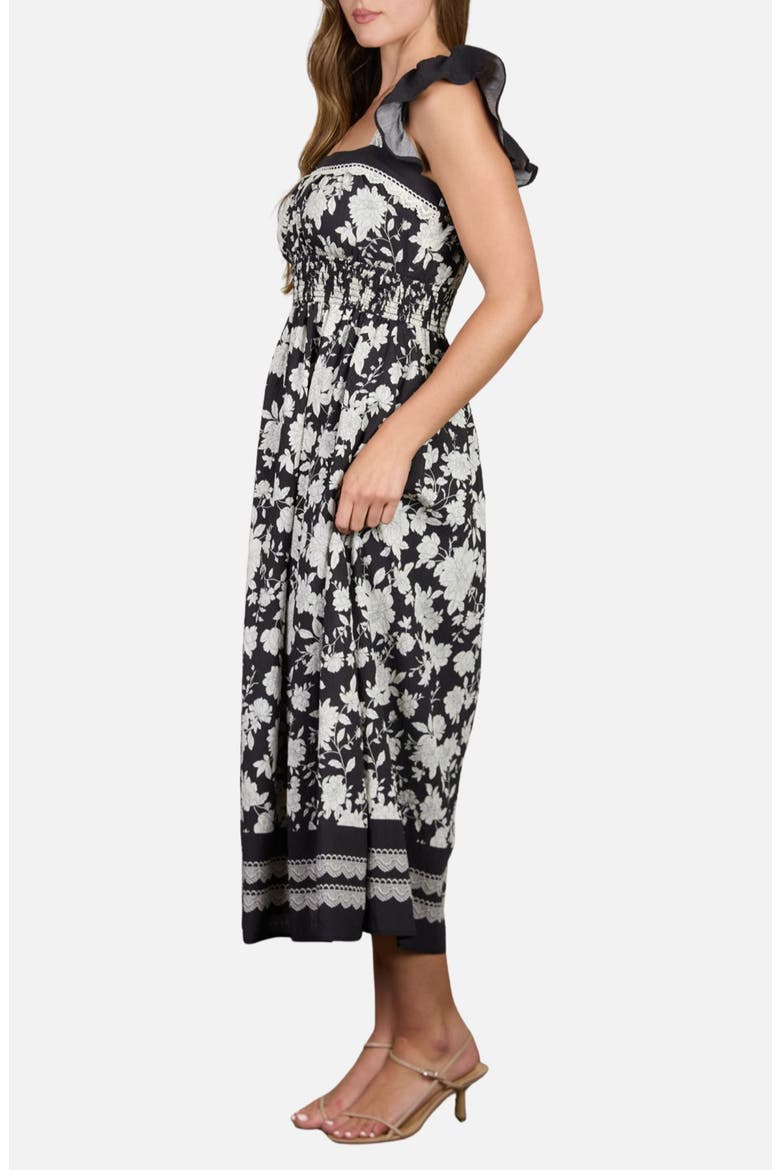 Floral Flutter Sleeve Midi Dress, Alternate, color, BLACK