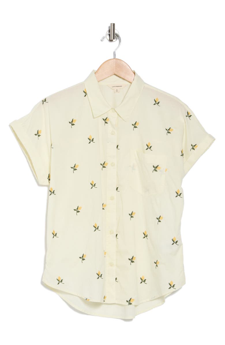 Embroidered Short Sleeve Cotton Button-Up Top