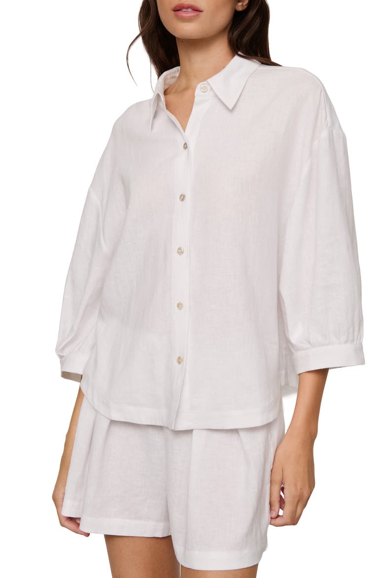 Relaxed Linen Blend Button-Up Sleep Shirt, Main, color, WHITE