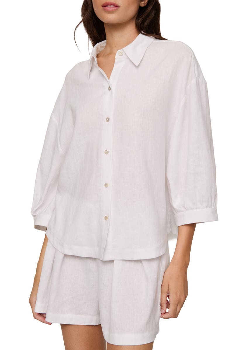 Eberjey Relaxed Linen Blend Button-Up Sleep Shirt, Main, color, White