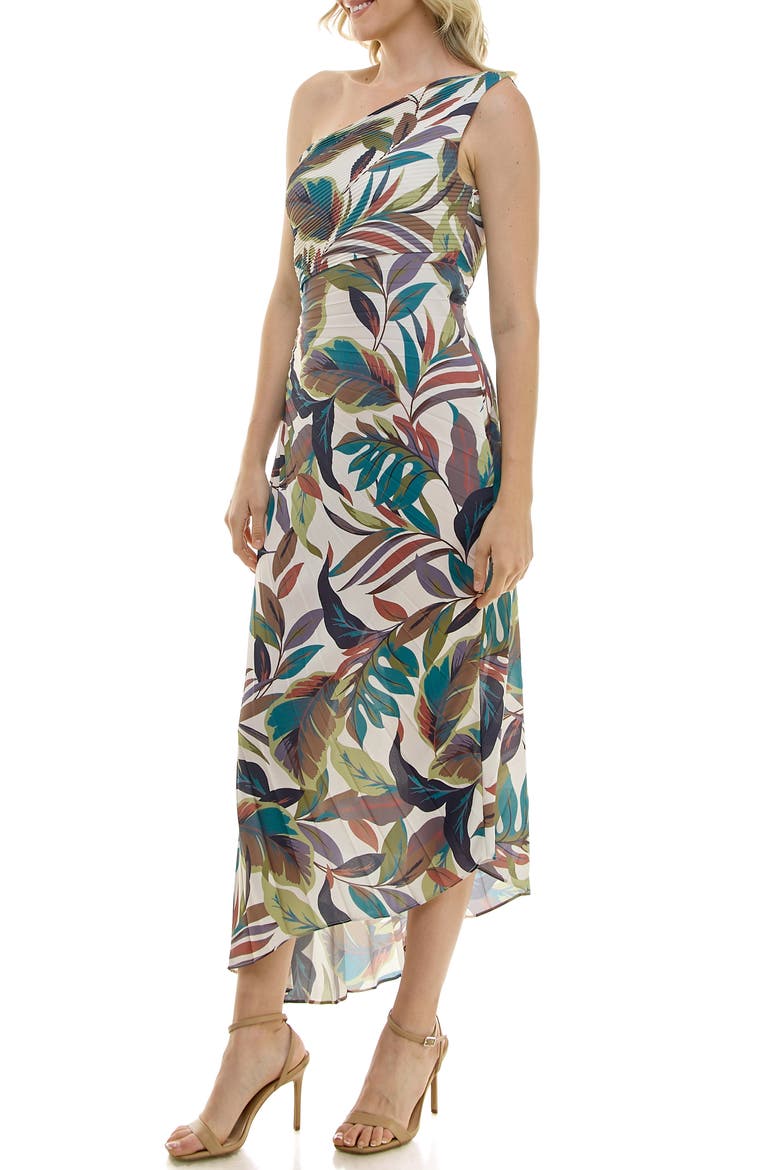 Pleated One-Shoulder Dress, Alternate, color, IVORY MULTI