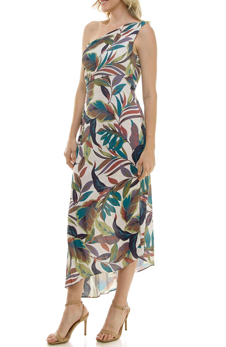 Nicole Miller Pleated One-Shoulder Dress, Alternate, color, Ivory Multi