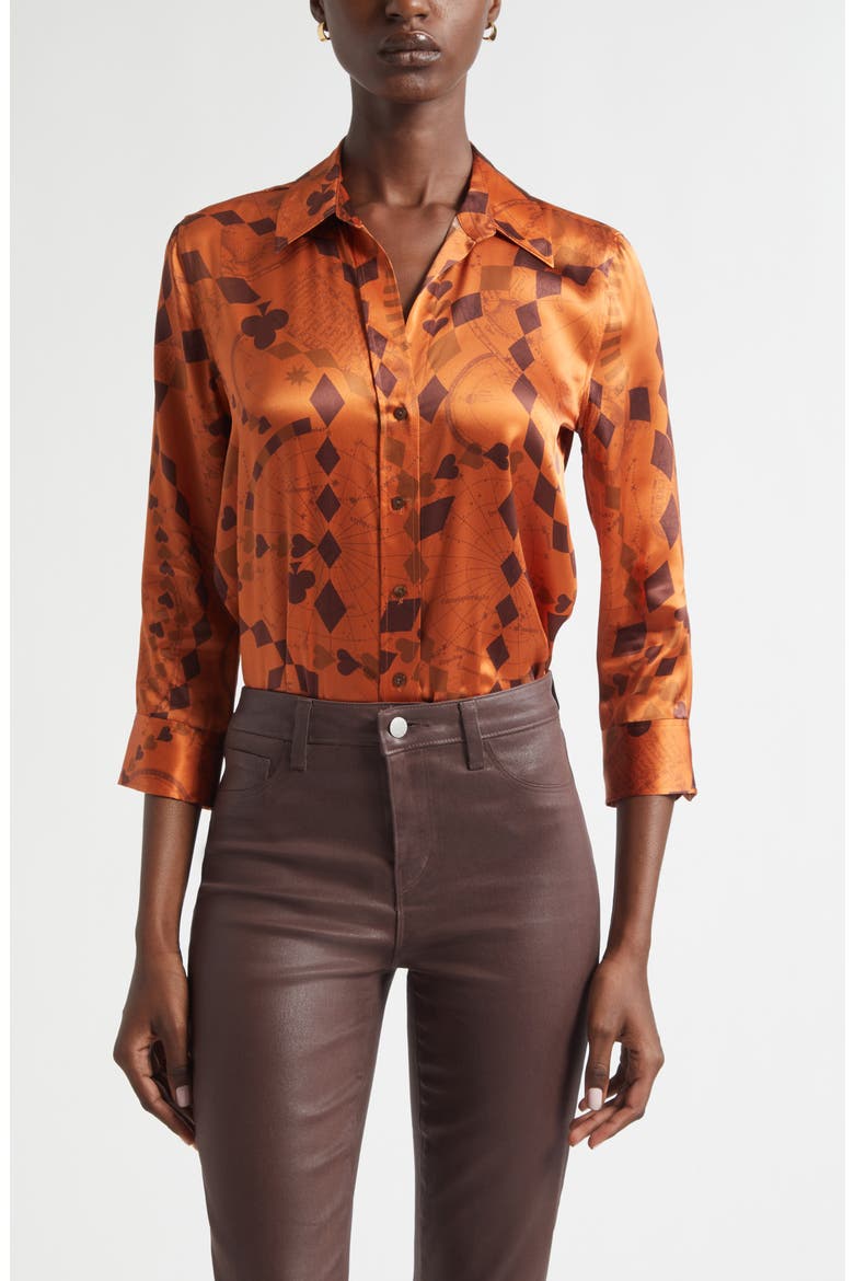 Dani Playing Card Print Silk Button-Up Shirt, Main, color, AMBER BROWN PLAYING CARD GEO