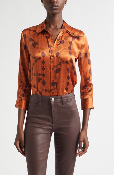 Dani Playing Card Print Silk Button-Up Shirt