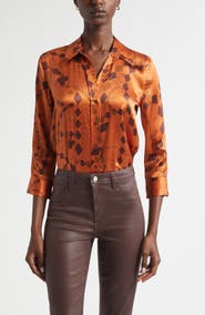 L'AGENCE Dani Playing Card Print Silk Button-Up Shirt