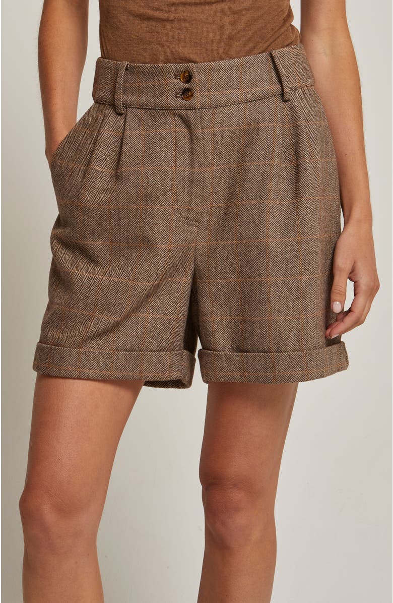 CRESCENT Herringbone Wool Blend Cuffed Shorts, Main, color, Brown
