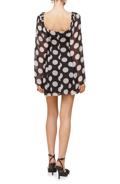 Avec Les Filles Dot Long Sleeve Chiffon Minidress In Black White Dot