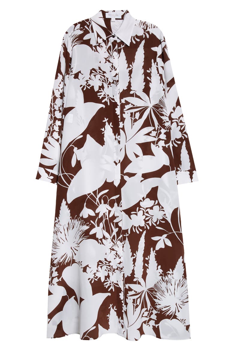 Shadow Floral Print Long Sleeve Silk Crêpe de Chine Shirtdress, Alternate, color, NUTMEG/ OPTIC WHITE