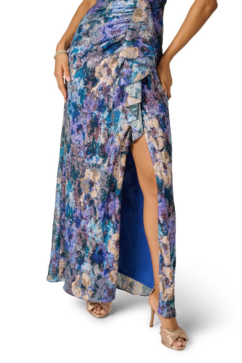 Floral Metallic Crinkle Asymmetric Neck Gown, Alternate, color, BLUE MULTI