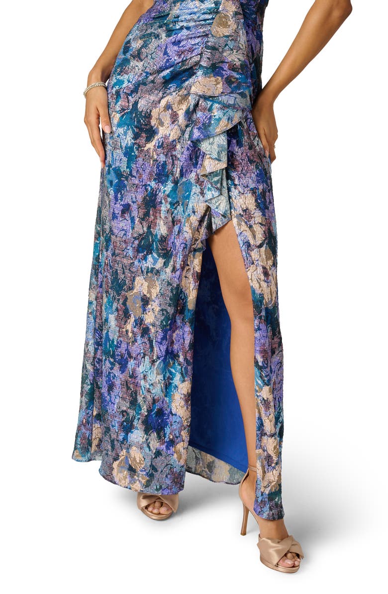 Adrianna Papell Floral Metallic Crinkle Asymmetric Neck Gown, Alternate, color, Blue Multi