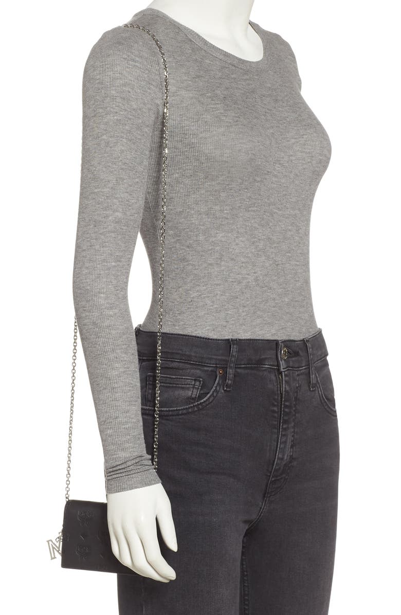 MCM Klara Monogram Leather Wallet on a Chain, Alternate, color, 