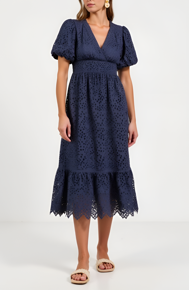 Modenaire Puff-Sleeve Eyelet Midi Dress, Main, color, Navy