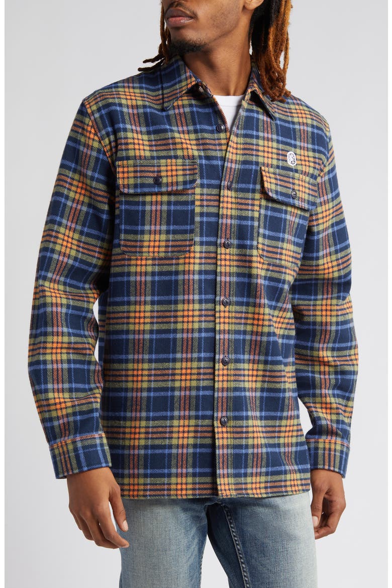 Contact Plaid Logo Appliqué Flannel Overshirt, Alternate, color, MARITIME