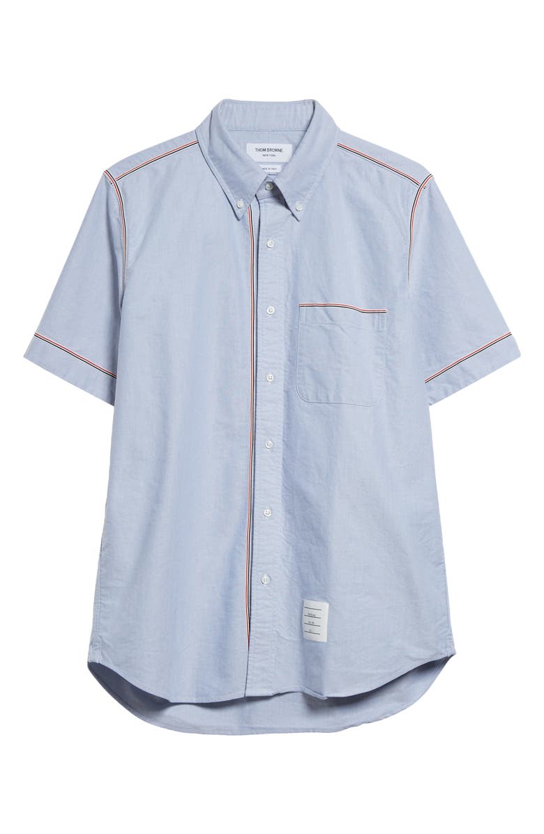 Thom Browne Tricolor Trim Short Sleeve Cotton Button-Down Shirt, Alternate, color, 