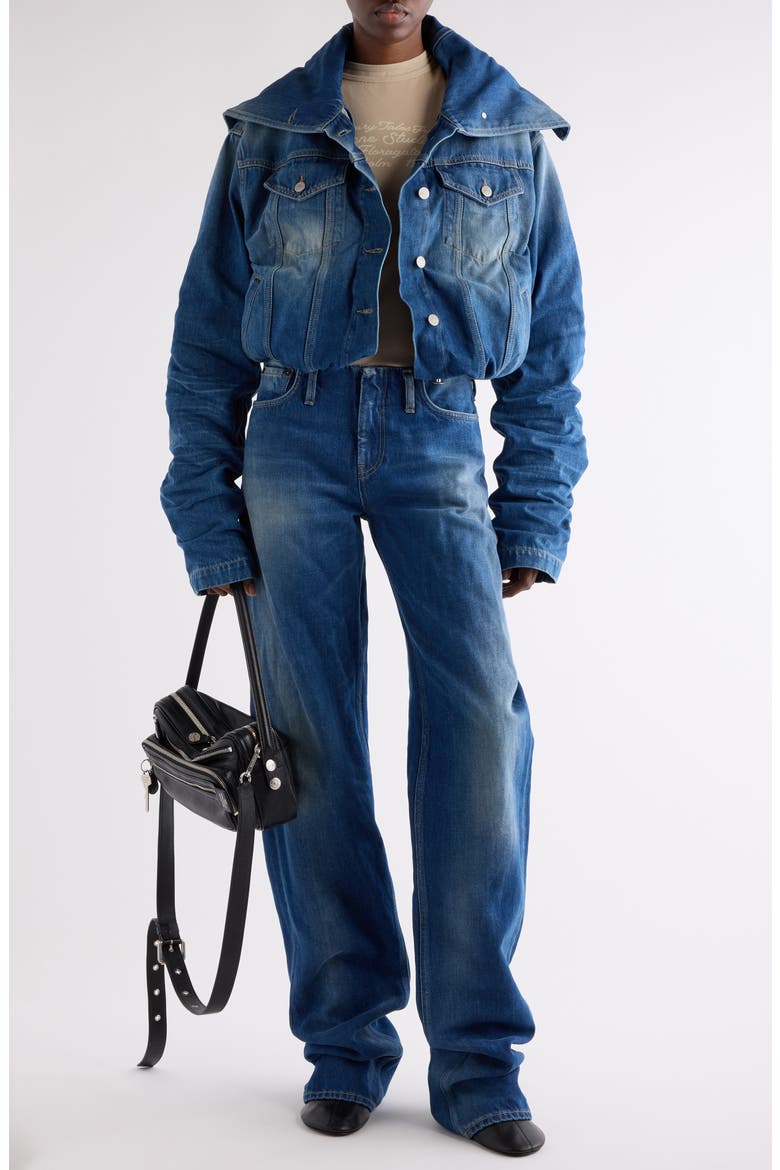 Orim Ruched Sleeve Denim Jacket, Alternate, color, MID BLUE