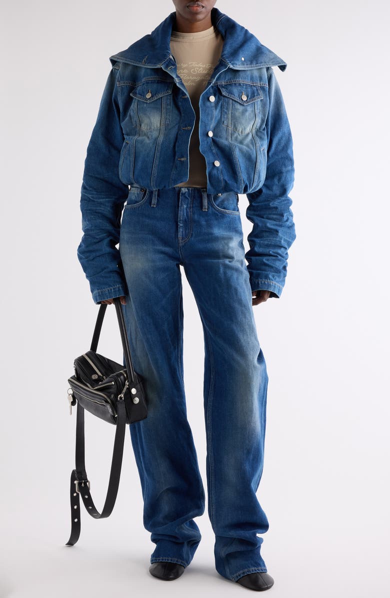 Acne Studios Orim Ruched Sleeve Denim Jacket, Alternate, color, Mid Blue