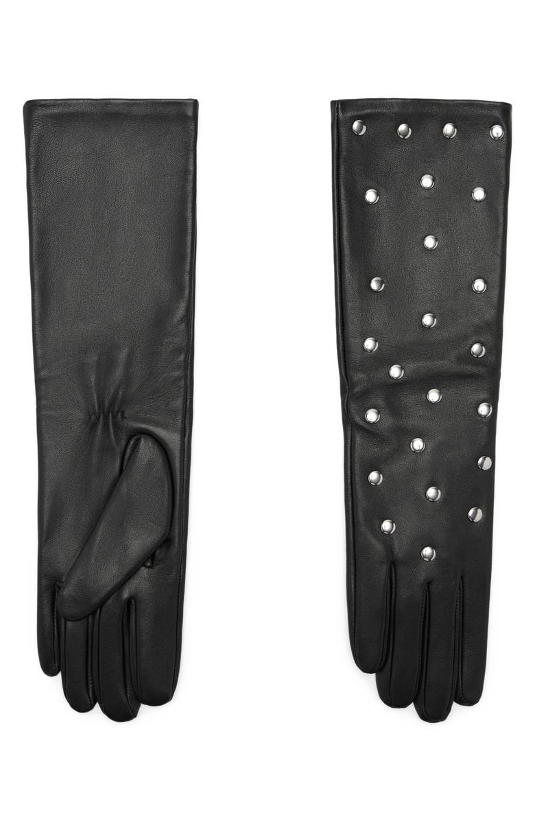 MANGO Studded Leather Gloves, Main, color, Black