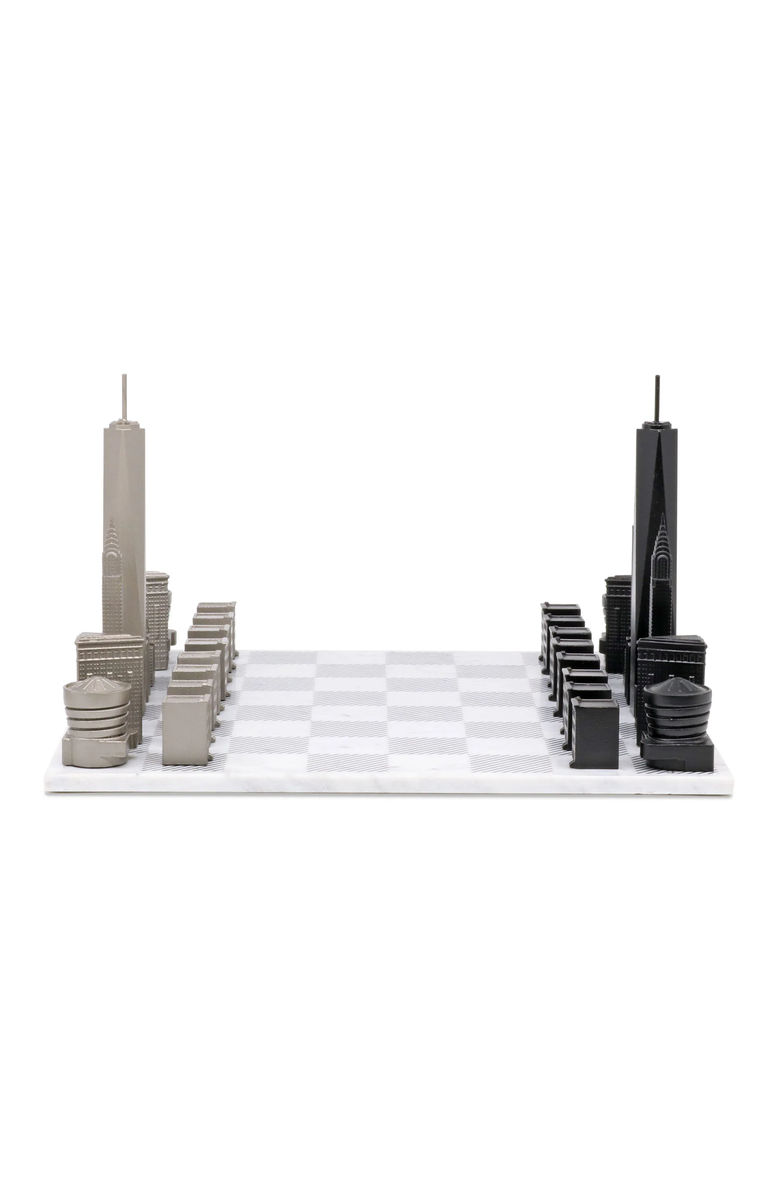 SKYLINE CHESS Chess Set Stainless Steel New York Edition with Marble Hatch Board, Alternate, color, White