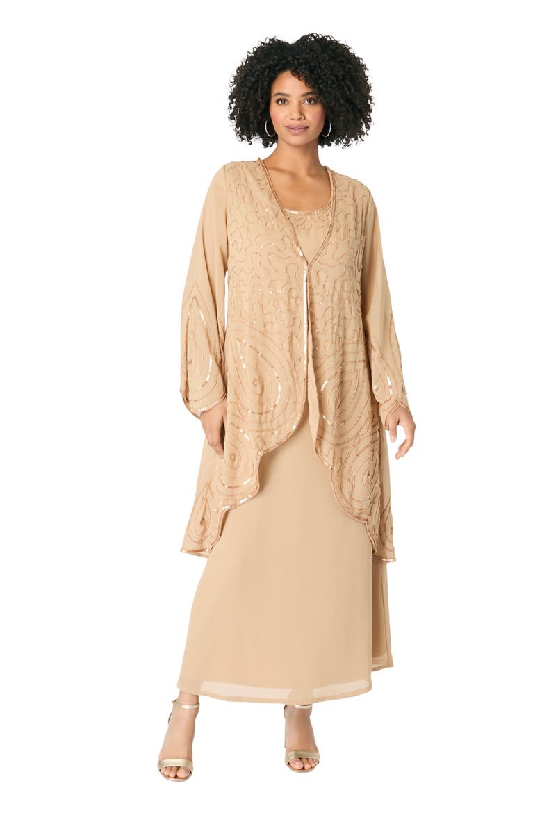 Plus Size 2 Piece Long Sleeve Beaded Georgette Gown Set With Detachable Jacket, Main, color, SPARKLING CHAMPAGNE