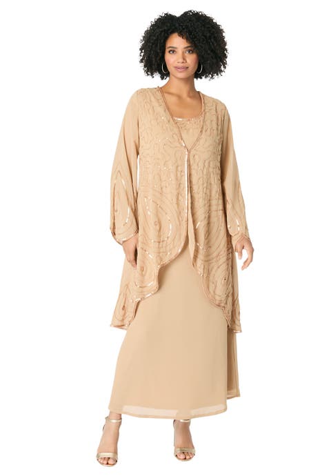 Plus-Size 2 Piece Long Sleeve Beaded Georgette Gown Set With Detachable Jacket (Plus)