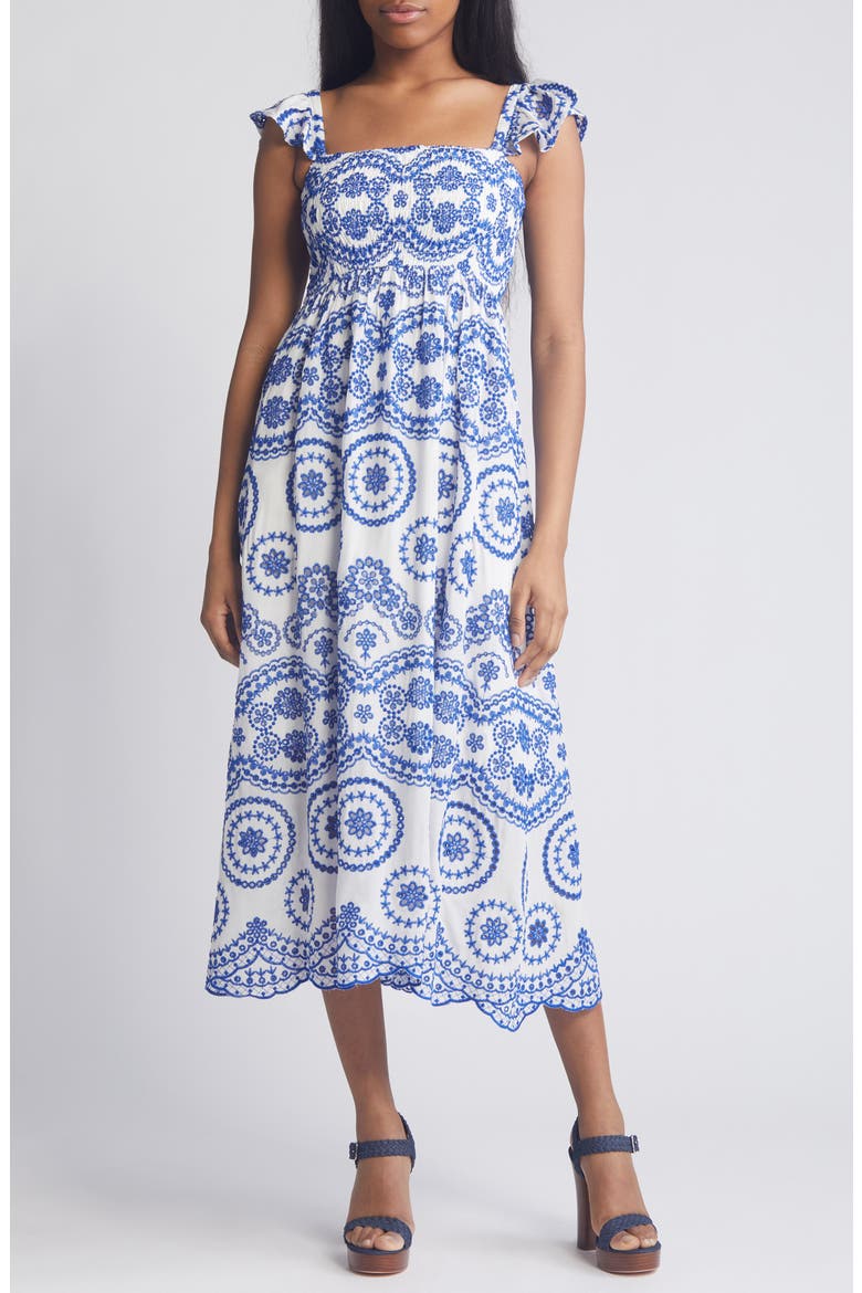 Embroidered Eyelet Smocked Sleeveless Maxi Sundress, Main, color, IVORY- BLUE