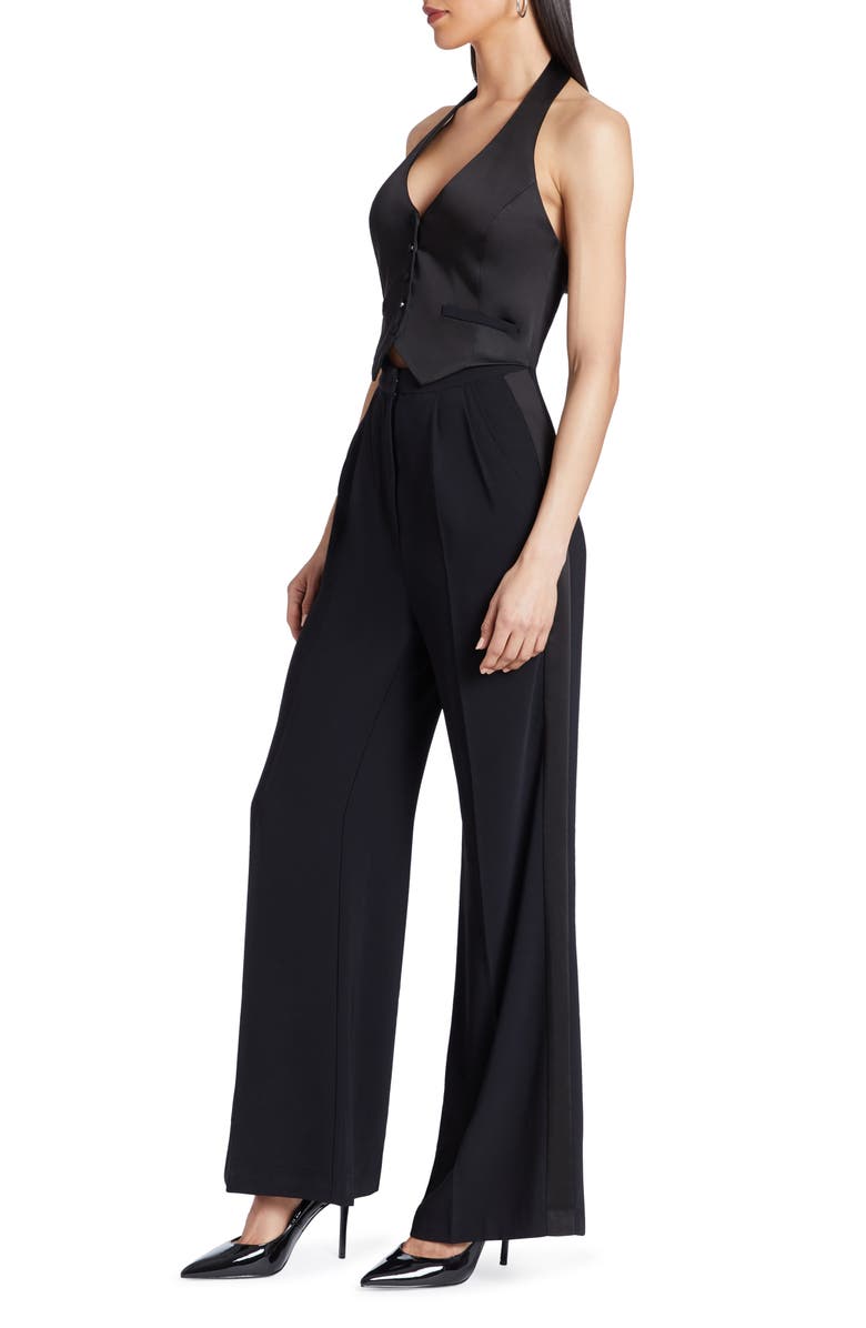 Amanda Uprichard Isadore Satin Trim Wide Leg Halter Jumpsuit, Alternate, color, 