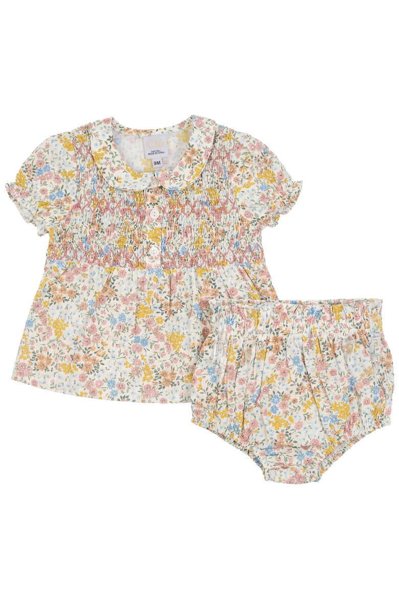Multi Flower Print with Front Smocking Top and Bloomer Set, Main, color, Pink
