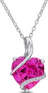 DELMAR Sterling Silver Lab Grown Pink Sapphire & Diamond Heart Pendant Necklace