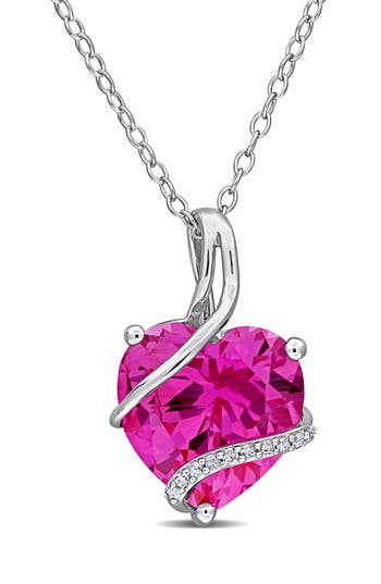Delmar Sterling Silver Lab Grown Pink Sapphire & Diamond Heart Pendant Necklace In Pink