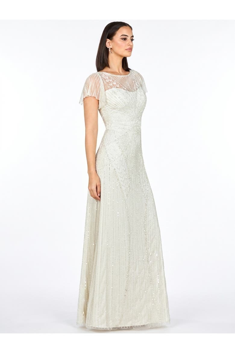 Beaded Faux-Wrap V-Neck Bridal Gown, Alternate, color, Ivory