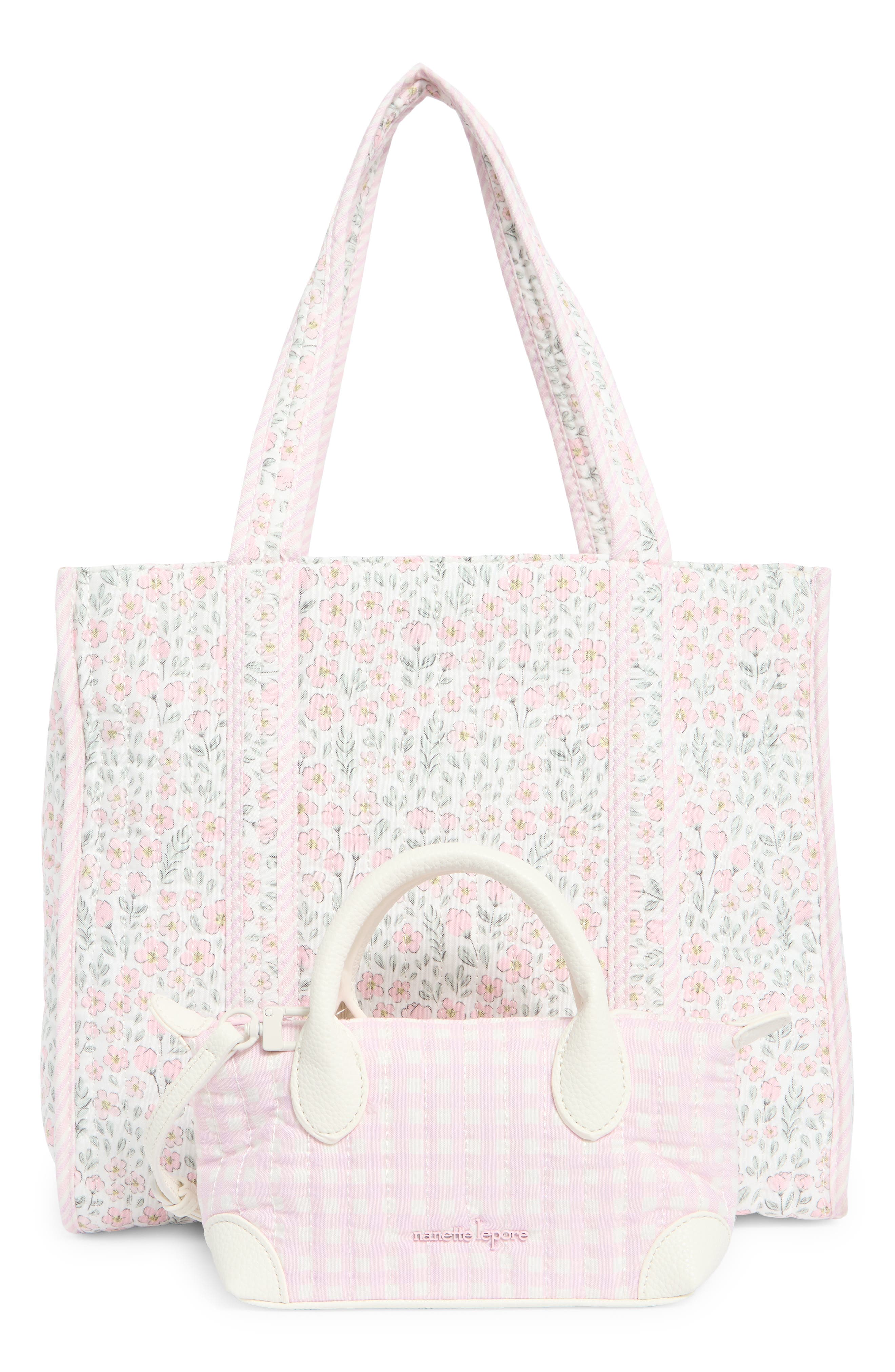 Nanette Lepore Floral Quilted Tote with Bear Charm & Crossbody Bag, Alternate, color, Pretty Petals-Stripe-Gingham