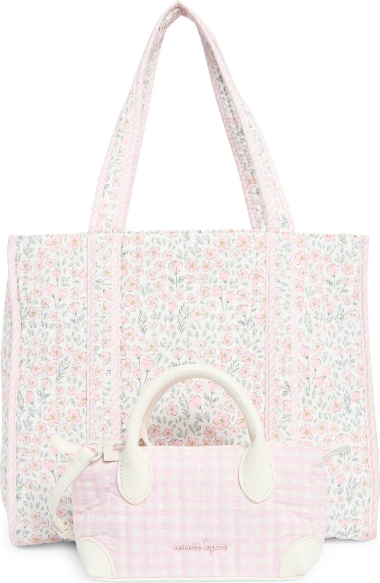 Nanette Lepore Floral Quilted Tote with Bear Charm & Crossbody Bag, Alternate, color, Pretty Petals-Stripe-Gingham