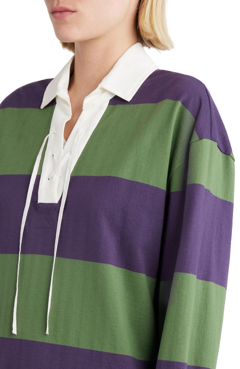 Dries Van Noten Block Stripe Lace-Up Cotton & Linen Blend Rugby Shirt, Alternate, color, 