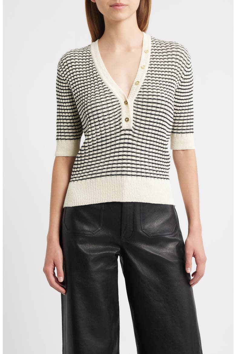 The Stripe V-Neck Short Sleeve Sweater, Main, color, CREAM MULTI