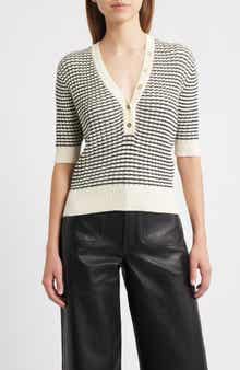 FRAME The Stripe V-Neck Short Sleeve Sweater