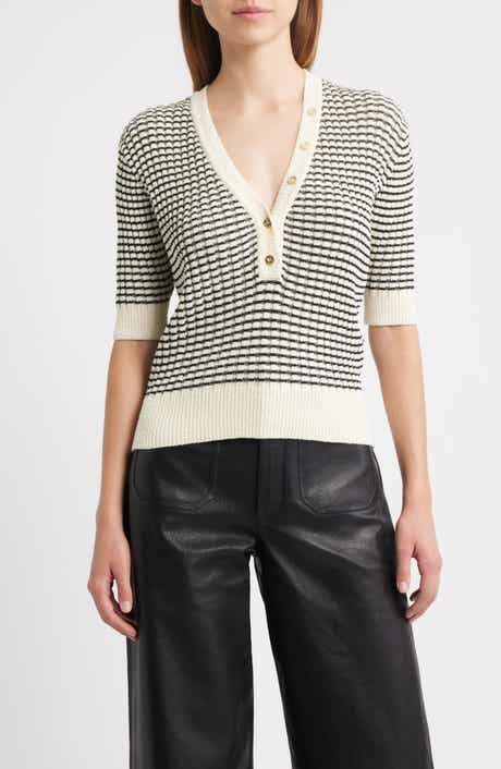 FRAME The Stripe V-Neck Short Sleeve Sweater