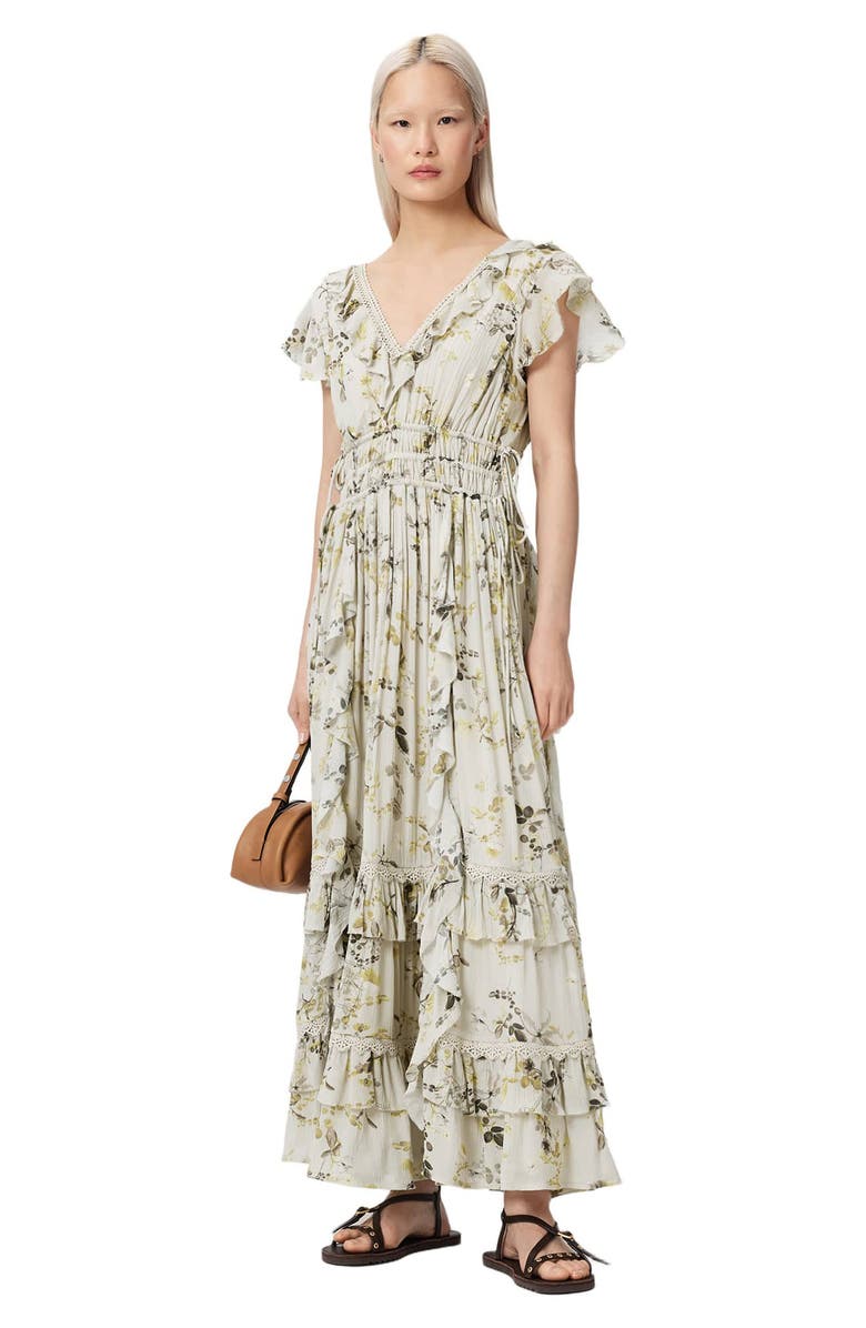 AllSaints Canto Floral Ruffle Maxi Dress, Alternate, color, Carmel Stem Green