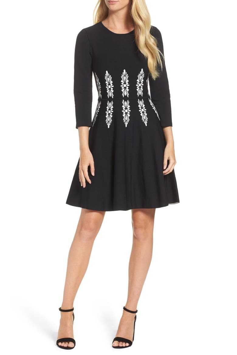 Three-Quarter Sleeve Fit & Flare Dress, Main, color, BLACK/ WHITE