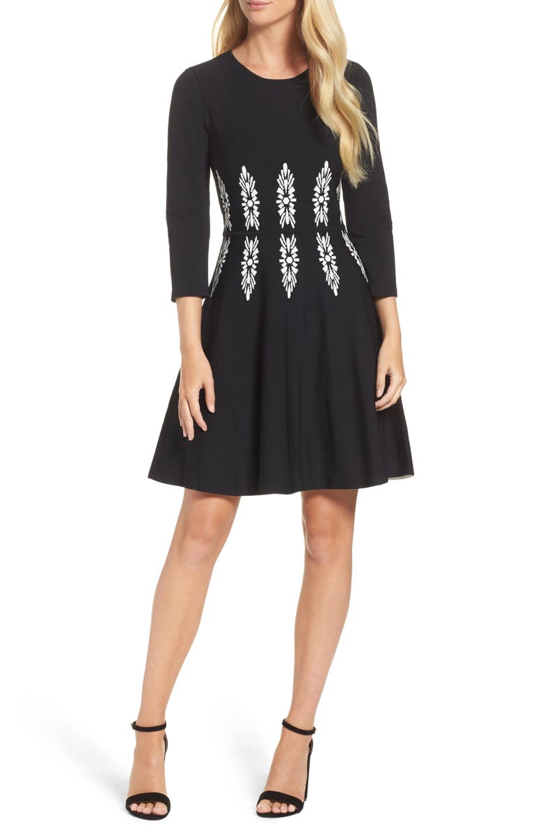 Eliza J Three-Quarter Sleeve Fit & Flare Dress, Main, color,