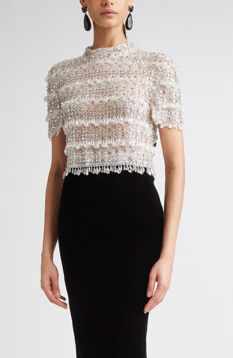 Carolina Herrera Crystal Embellished Mock Neck Crop Top, Main, color, 