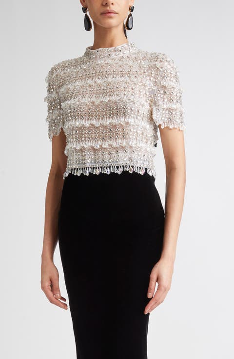 Crystal Embellished Mock Neck Crop Top