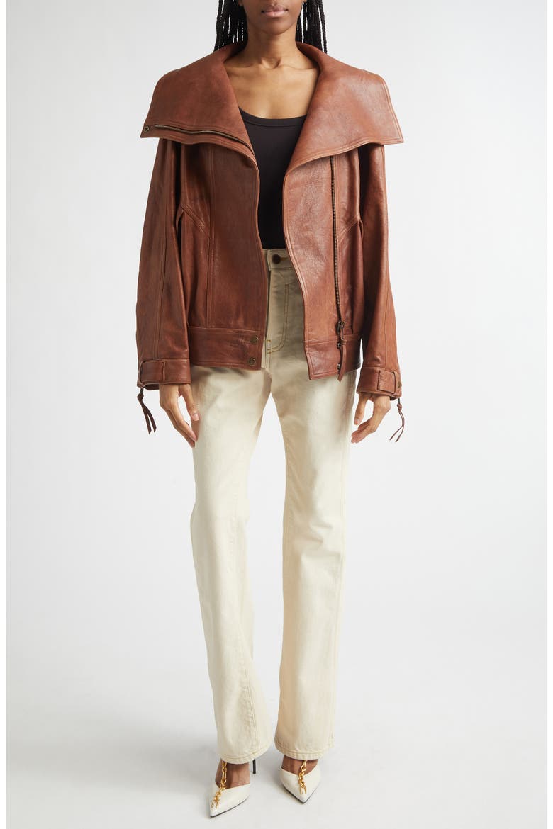 High Collar Leather Bomber Jacket, Alternate, color, 8EH BROWN