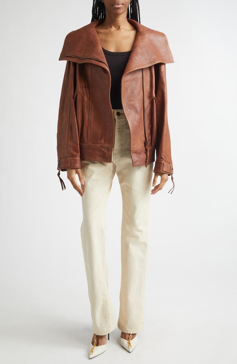 Balmain High Collar Leather Bomber Jacket, Alternate, color, 8Eh Brown